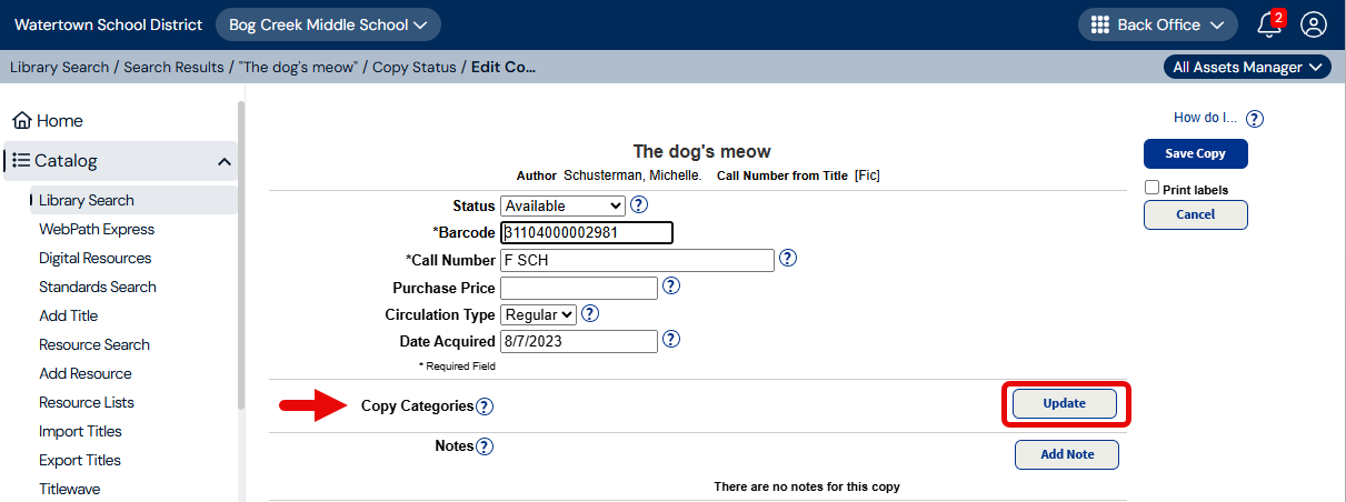 Edit Copy page with Update button next to Copy Categories highlighted.